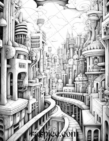 60 Enchanting Surrealism Grayscale Coloring Pages Printable for Adults, PDF File Instant Download