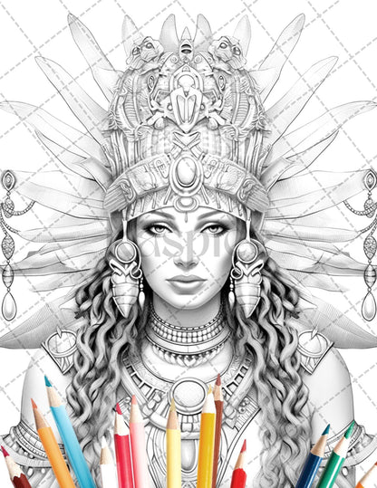 35 Ancient Egyptian Queens Coloring Book Printable for Adults, Grayscale Coloring Page, PDF File Instant Download