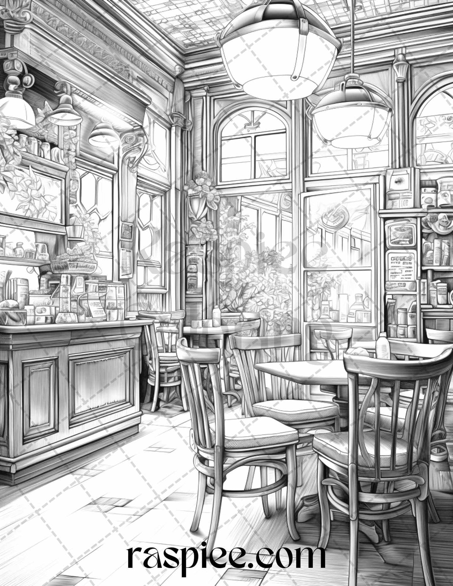 50 Cozy Coffee Shop Grayscale Coloring Pages Printable for Adults, PDF File Instant Download