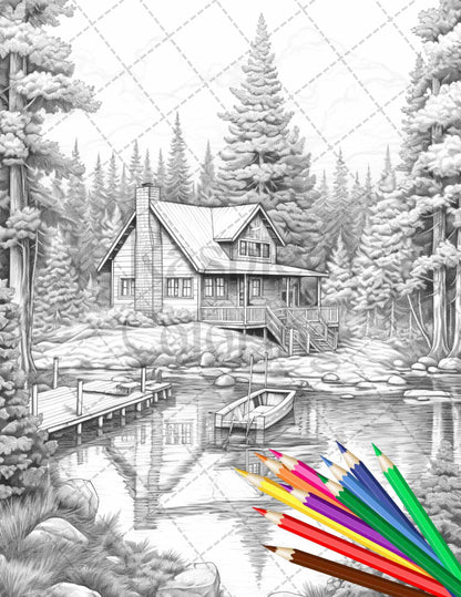 Lake Cabin Scenery Grayscale Coloring Pages Printable for Adults, PDF File Instant Download
