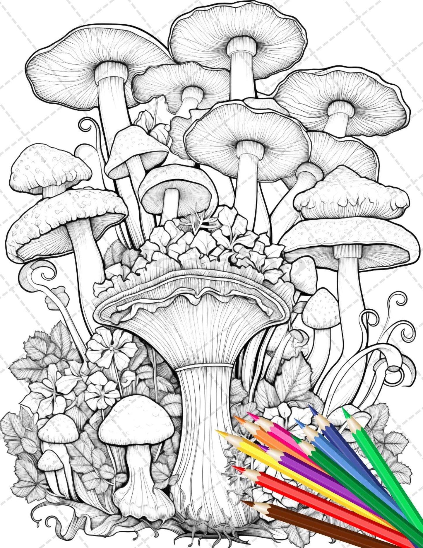 Psychedelic Mushroom Forest Coloring Book Printable for Adults, Trippy Grayscale Coloring Page, PDF File Instant Download