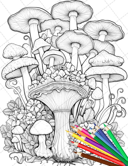 Psychedelic Mushroom Forest Coloring Book Printable for Adults, Trippy Grayscale Coloring Page, PDF File Instant Download