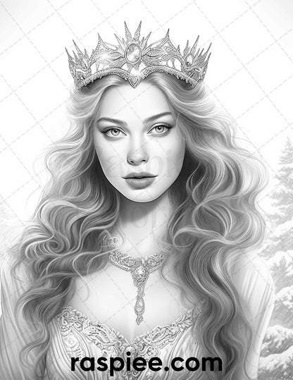 50 Winter Queens Portrait Grayscale Coloring Pages Printable for Adults, PDF File Instant Download