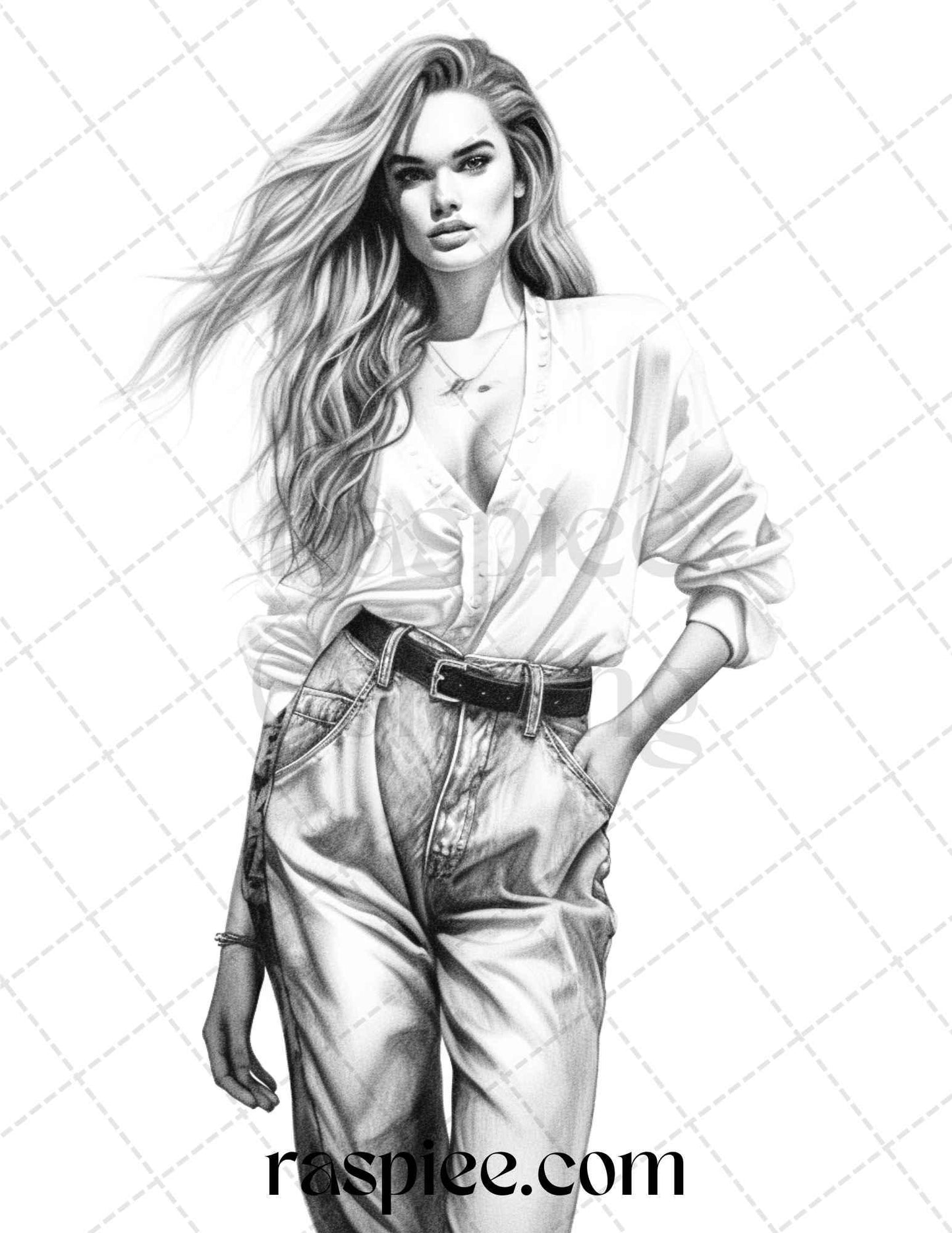 50 Streetwear Fashion Grayscale Coloring Pages Printable for Adults, PDF File Instant Download