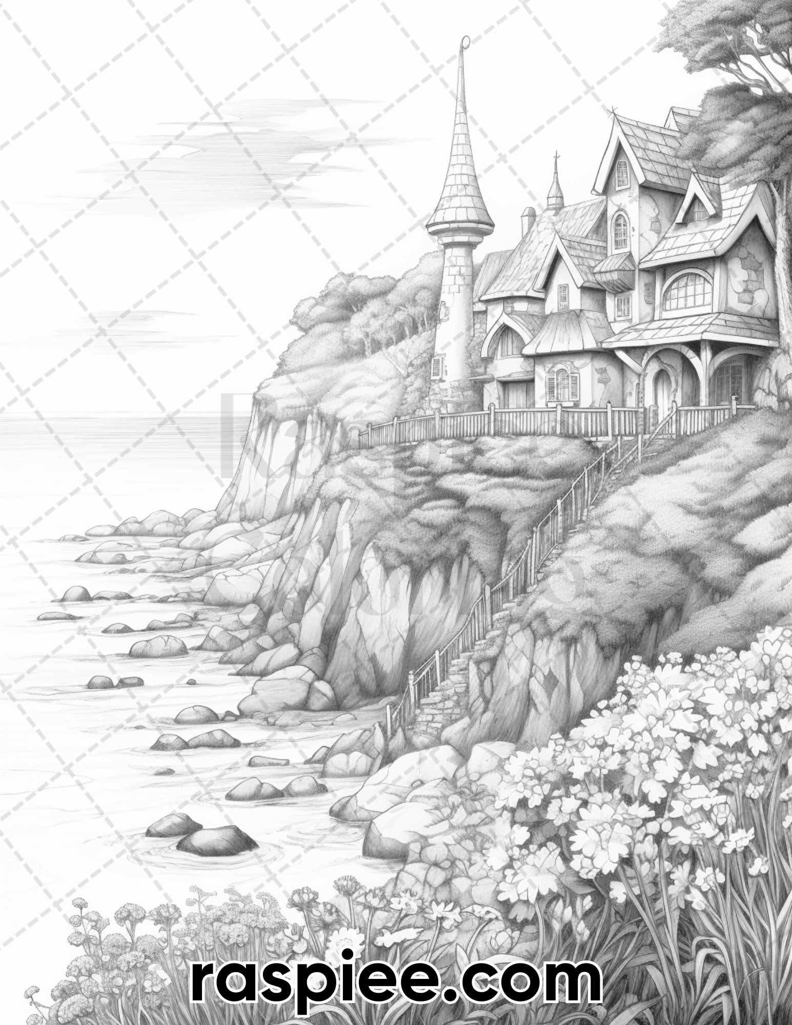 50 Fairy Beach Houses Grayscale Coloring Pages for Adults, Printable PDF Instant Download