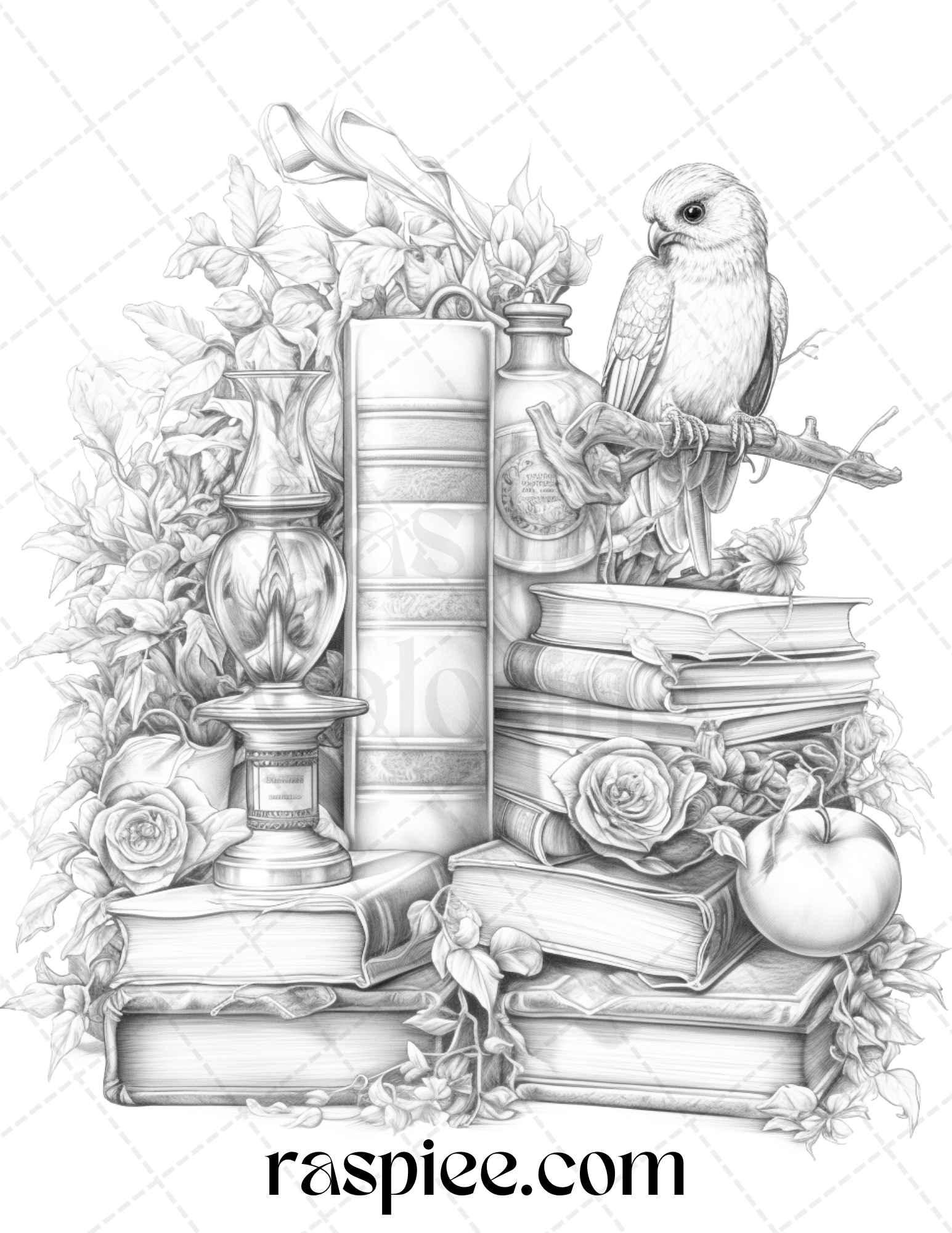 50 Magical Books Grayscale Coloring Pages Printable for Adults, PDF File Instant Download