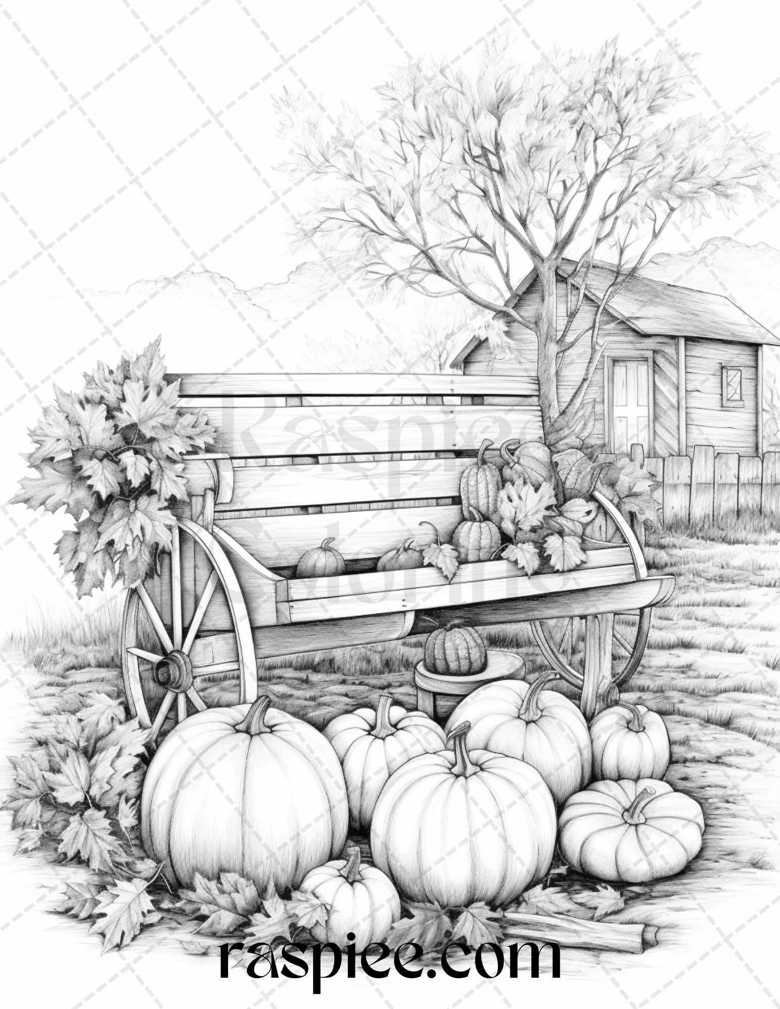 Autumn Scenery Grayscale Coloring Pages Printable for Adults, PDF File Instant Download