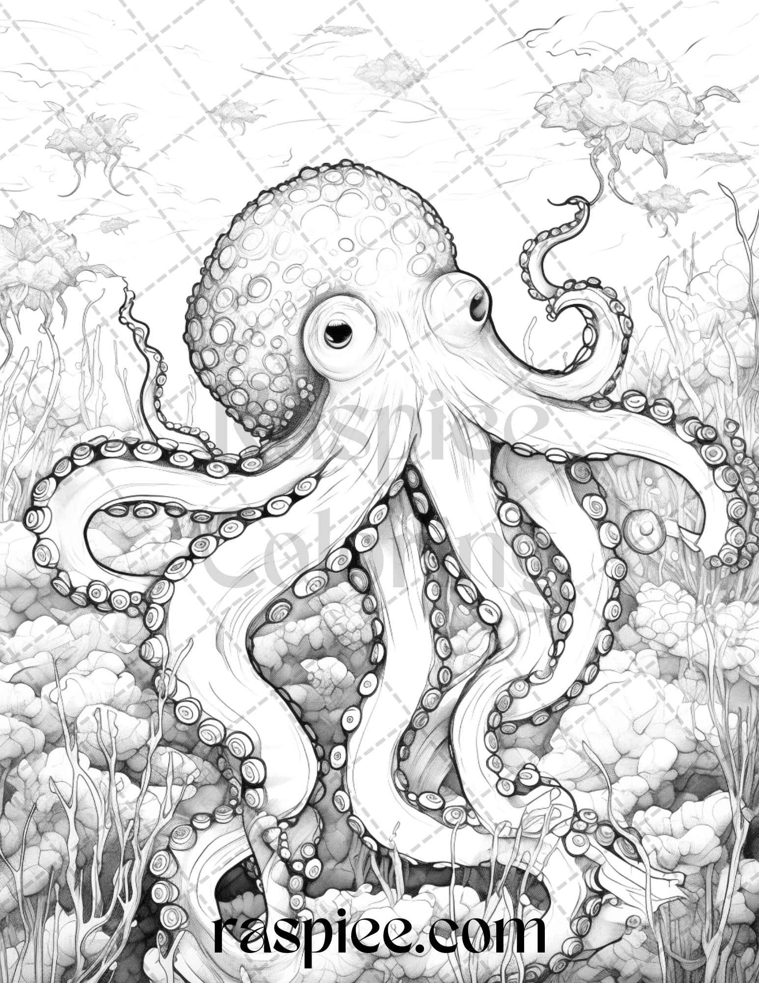 Ocean Life Grayscale Coloring Pages Printable for Adults Relaxation and Creativity, PDF File Instant Download