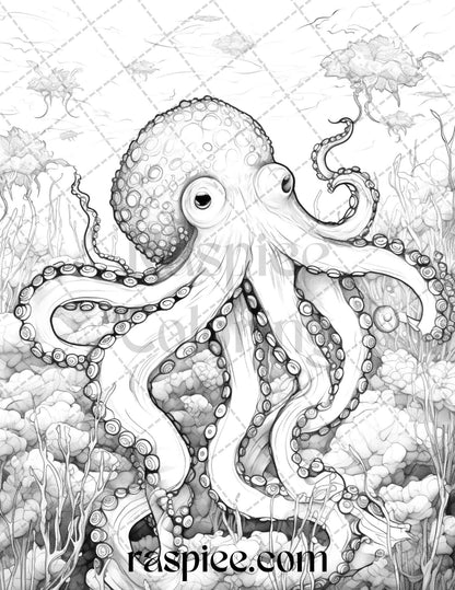 Ocean Life Grayscale Coloring Pages Printable for Adults Relaxation and Creativity, PDF File Instant Download