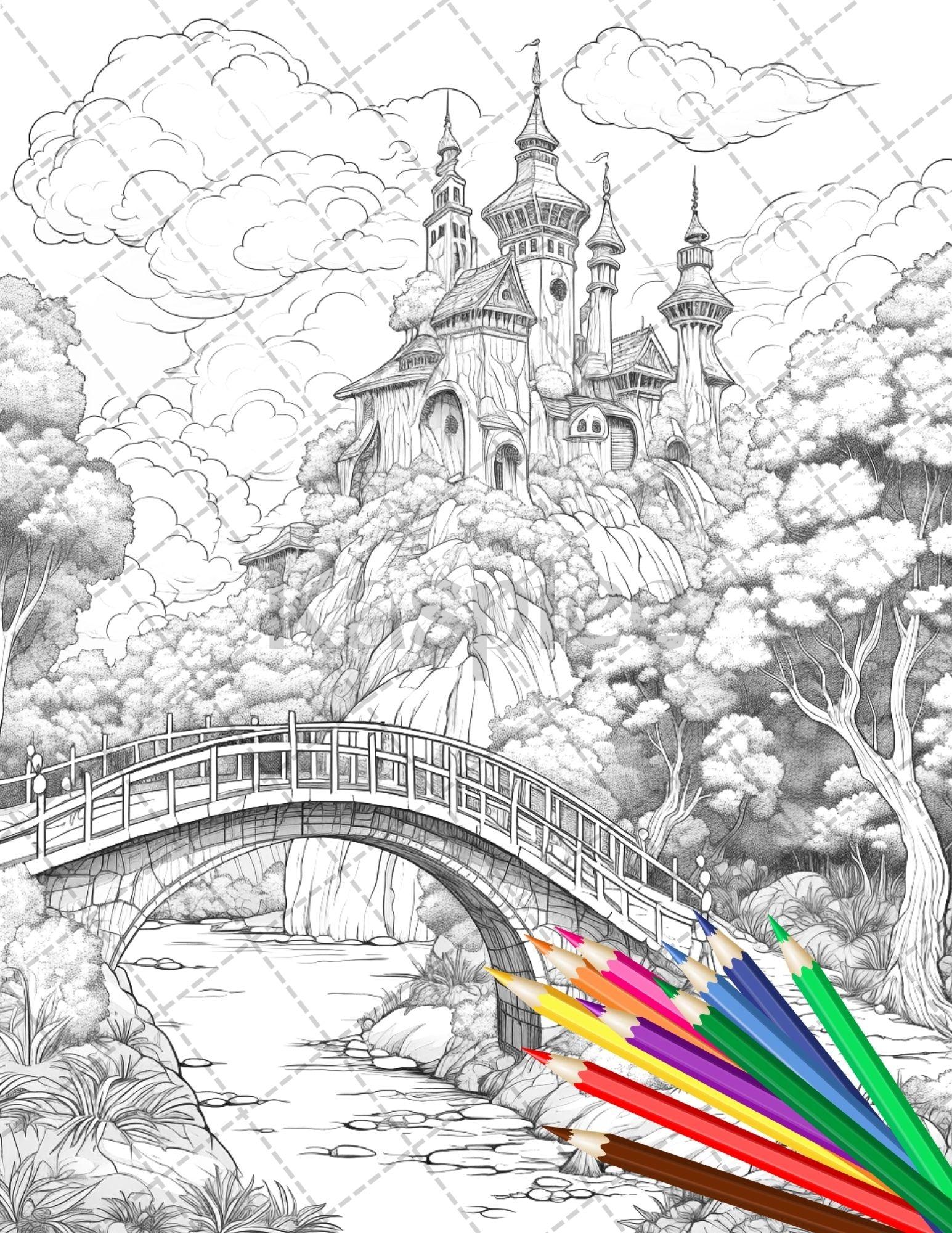 122 Fantasy Castles Coloring Book for Adults, Grayscale Coloring Page, Printable PDF Instant Download