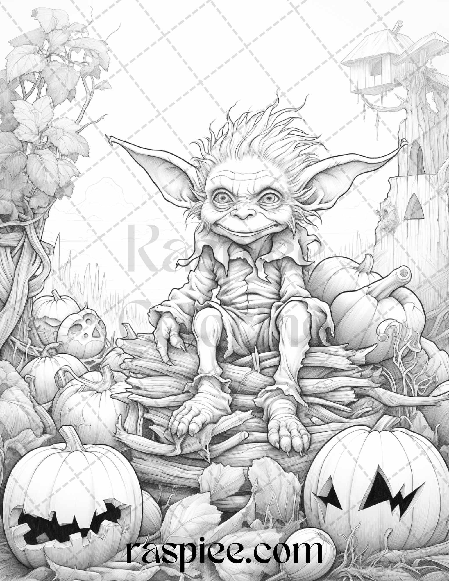 50 Halloween Goblin Grayscale Coloring Pages Printable for Adults, PDF File Instant Download