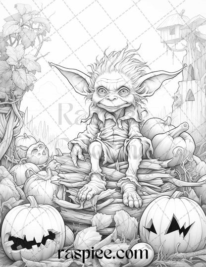 50 Halloween Goblin Grayscale Coloring Pages Printable for Adults, PDF File Instant Download