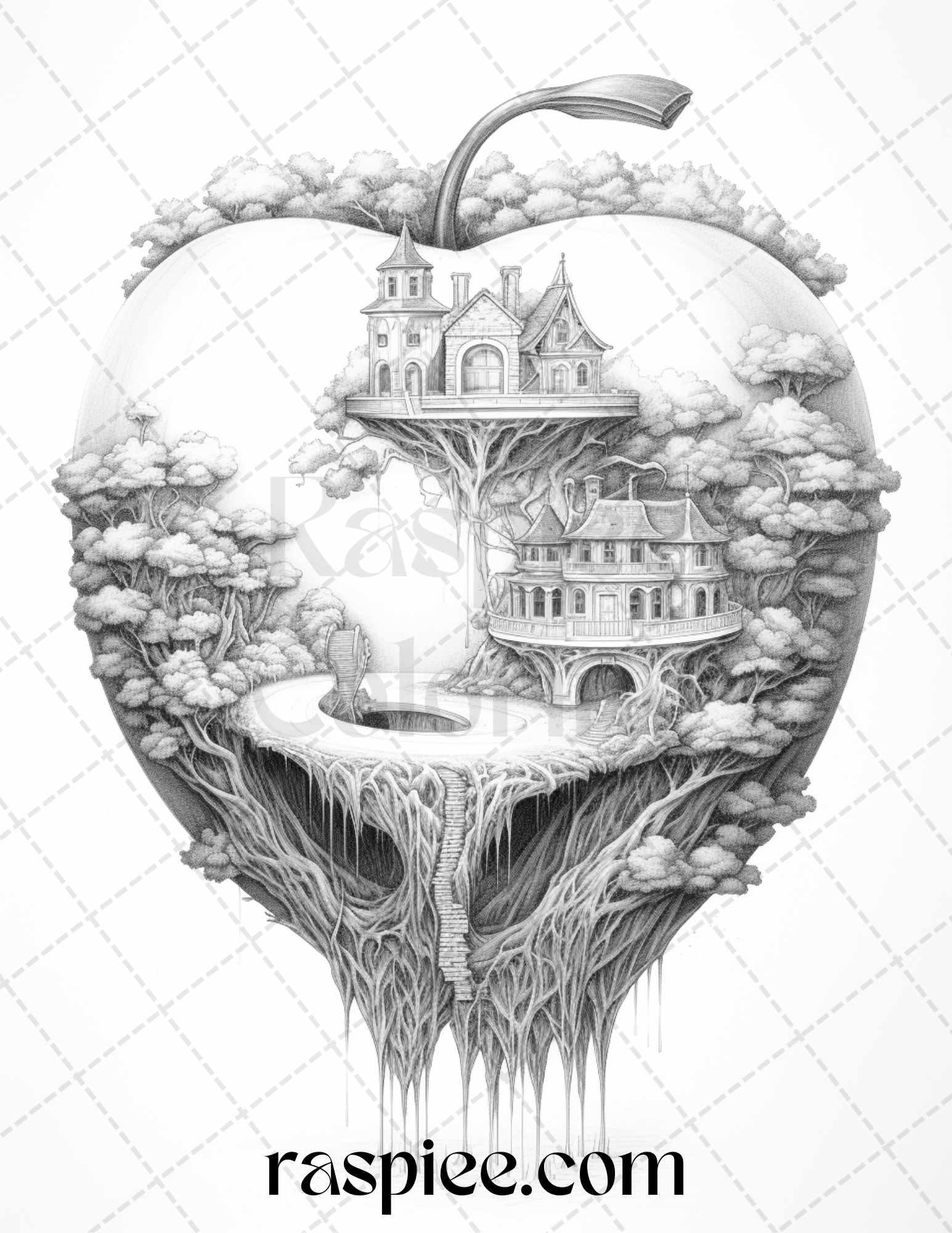 60 Miniworld in the Apple Grayscale Coloring Pages Printable for Adults, PDF File Instant Download