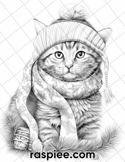 40 Christmas Cats Grayscale Coloring Pages for Adults, Printable PDF Instant Download