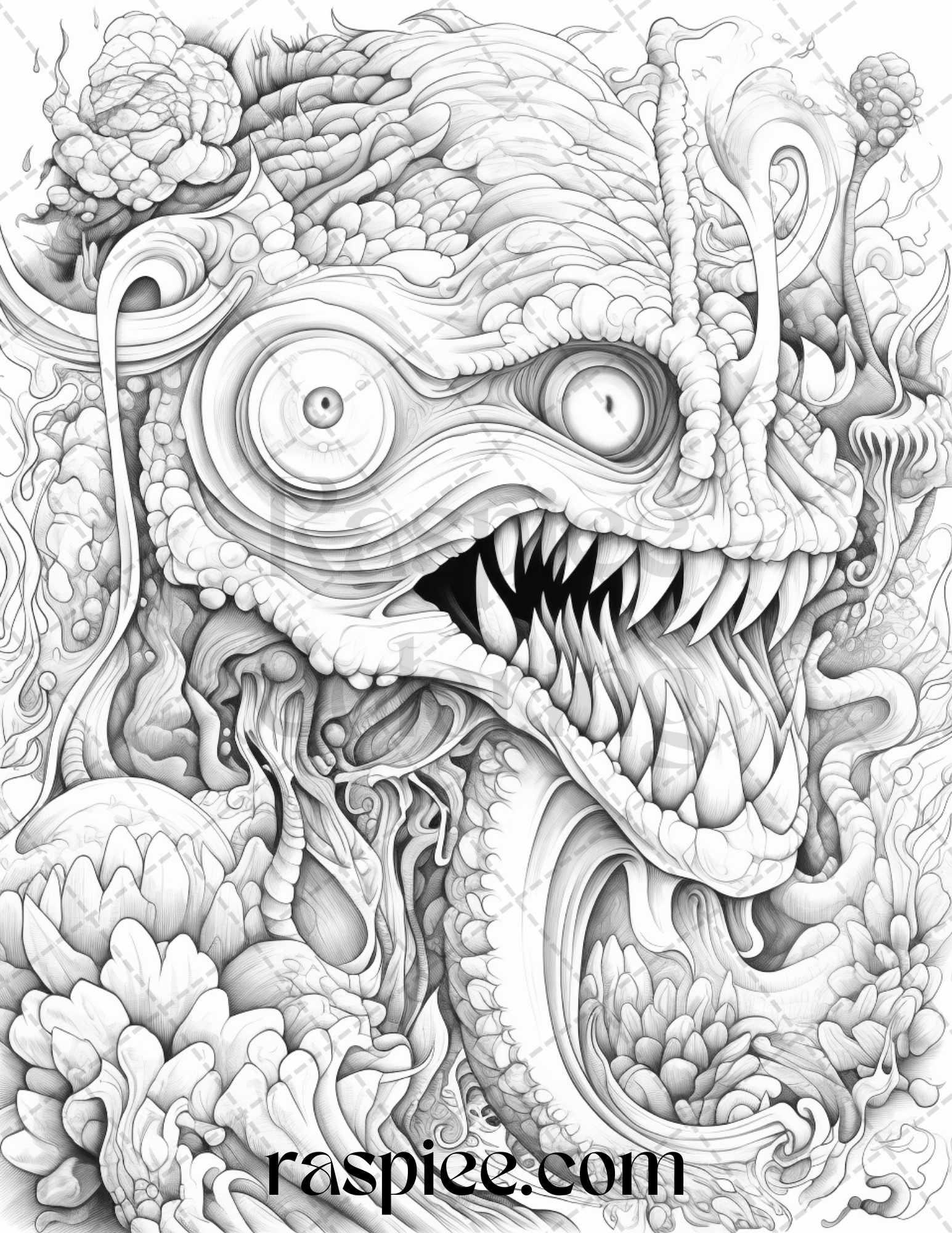 53 Surreal Creatures Grayscale Coloring Pages for Adults, Printable PDF File Instant Download