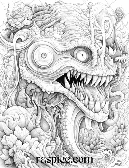 53 Surreal Creatures Grayscale Coloring Pages for Adults, Printable PDF File Instant Download