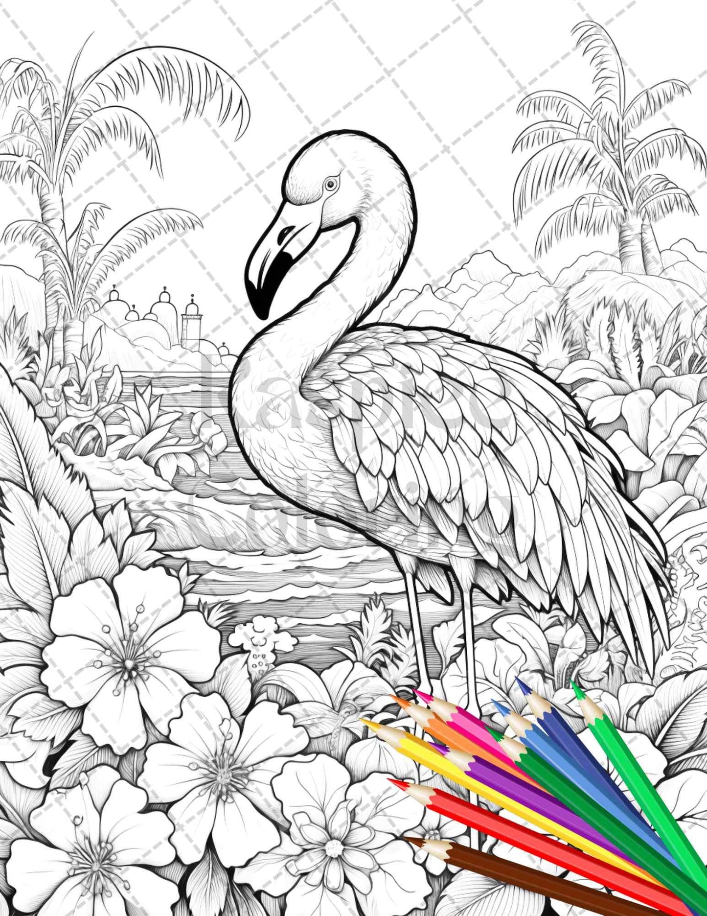 Flamingo Oasis Grayscale Coloring Pages Printable for Adults, PDF File Instant Download