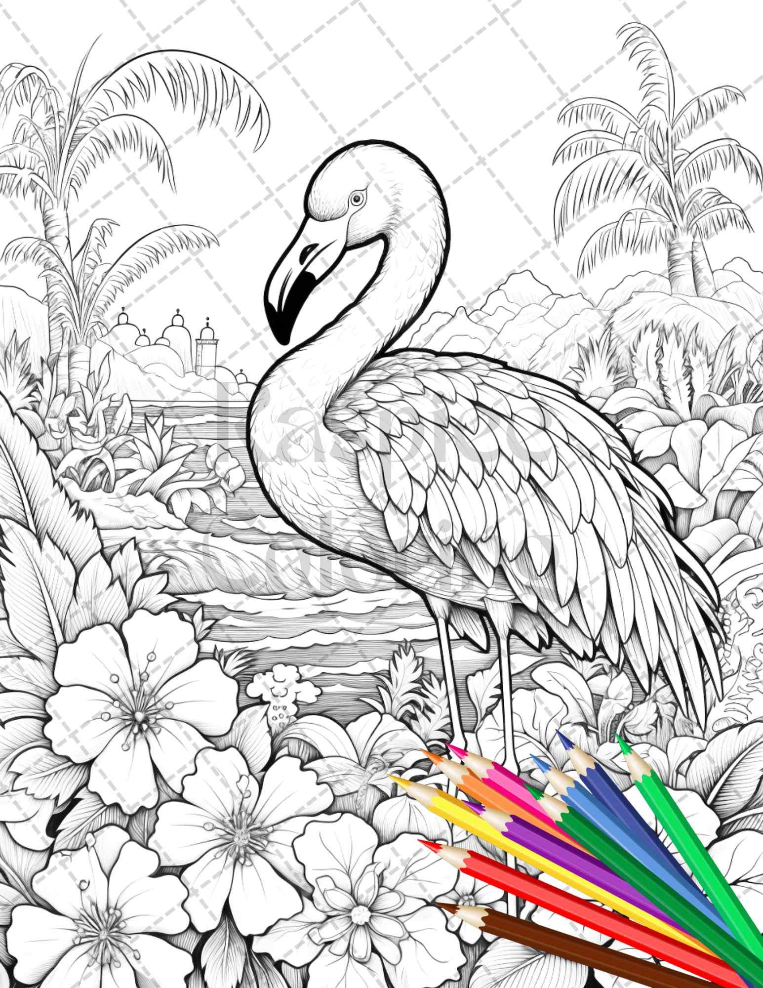 Flamingo Oasis Grayscale Coloring Pages Printable for Adults, PDF File Instant Download