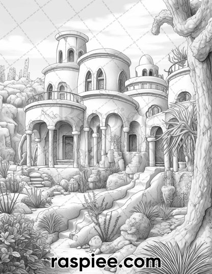 55 Desert Oasis Fairy Homes Grayscale Coloring Pages for Adults, Printable PDF Instant Download