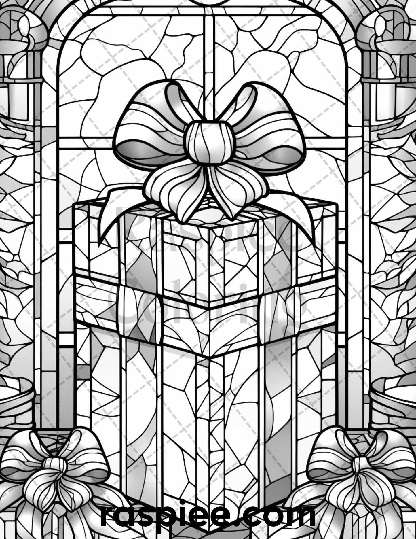 50 Christmas Stained Glass Grayscale Coloring Pages for Adults, Printable PDF File Instant Download