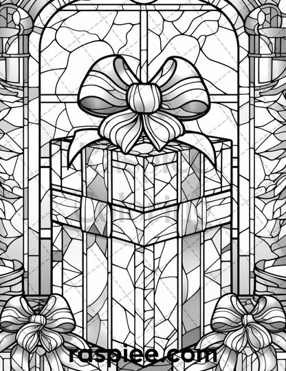 50 Christmas Stained Glass Grayscale Coloring Pages for Adults, Printable PDF File Instant Download