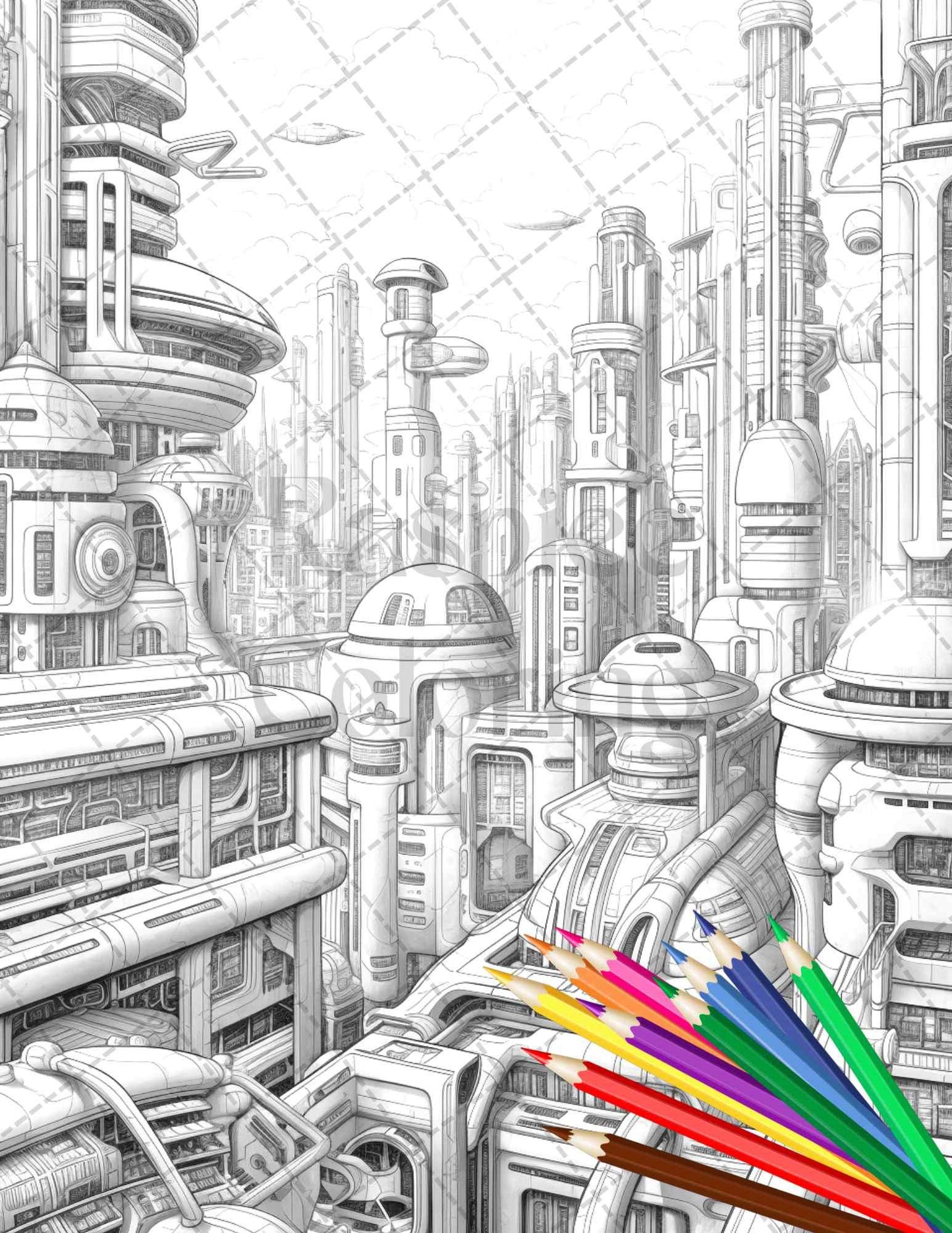 50 Futuristic Metropolis Grayscale Coloring Pages Printable for Adults, PDF File Instant Download