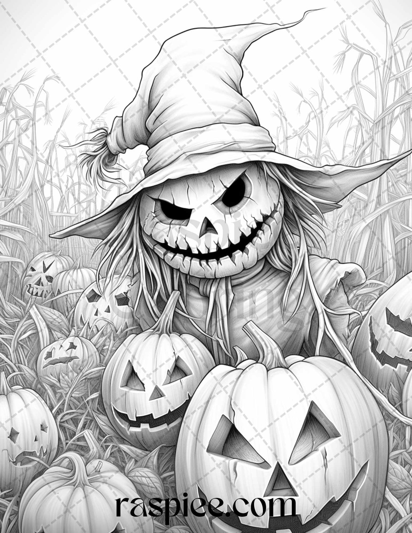 50 Halloween Scarecrows Grayscale Coloring Pages Printable for Adults, PDF File Instant Download