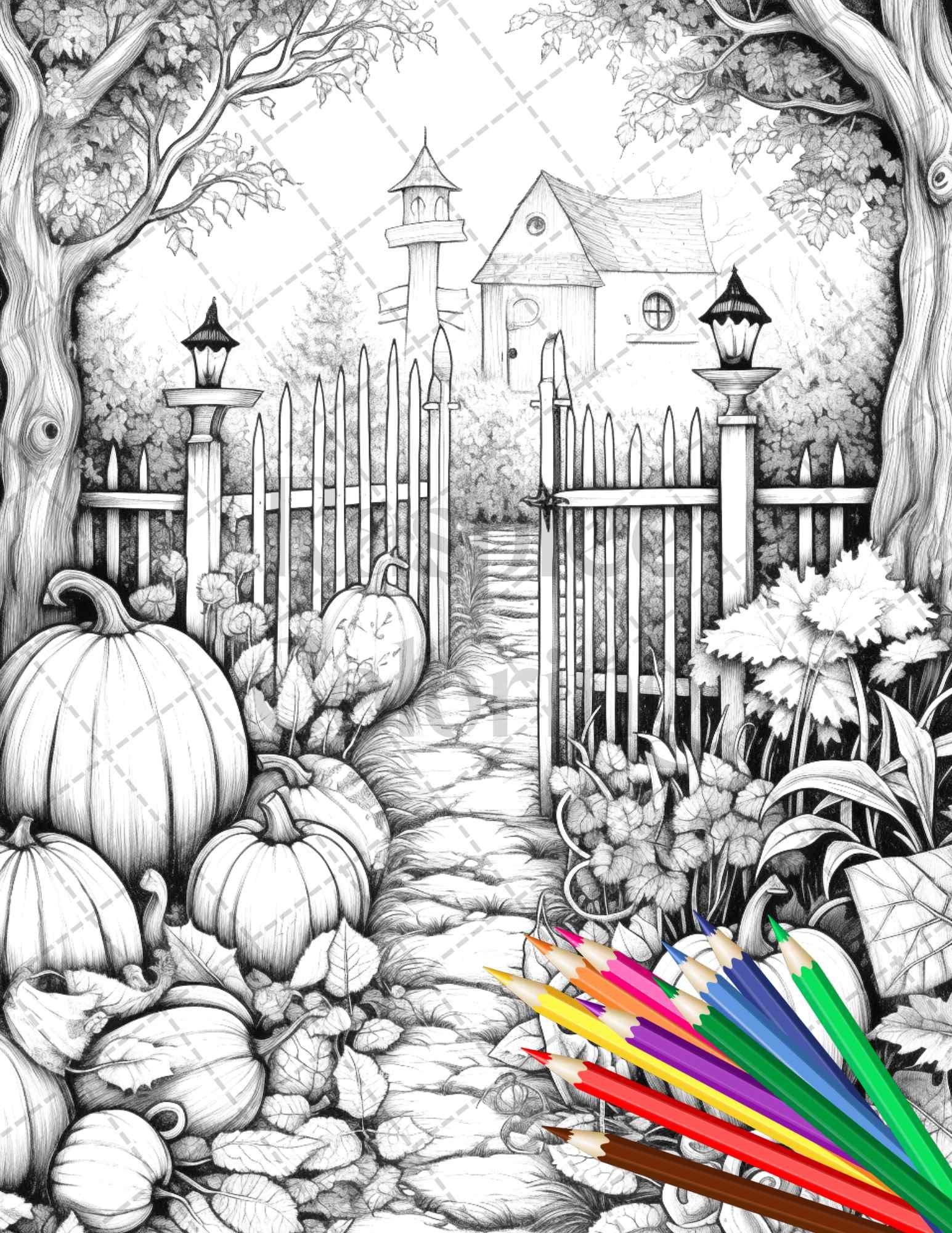 Pumpkin Garden Scenery Grayscale Coloring Pages Printable for Adults, PDF File Instant Download