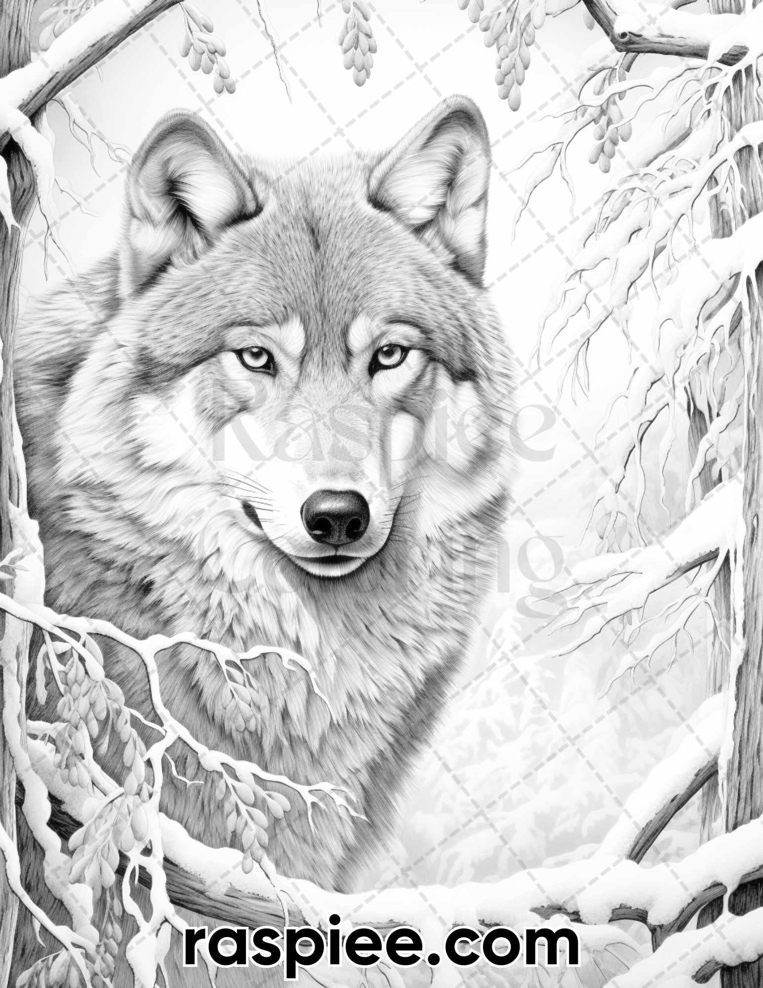 50 Winter Wolf Grayscale Coloring Pages for Adults, Printable PDF Instant Download