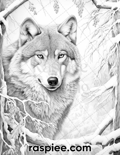 50 Winter Wolf Grayscale Coloring Pages for Adults, Printable PDF Instant Download