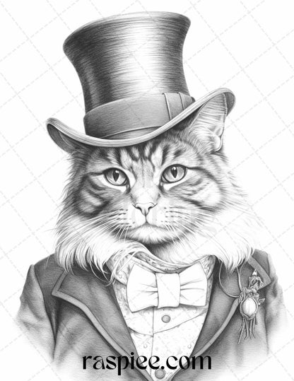 Gentleman Cat Grayscale Coloring Pages Printable for Adults Kids, PDF File Instant Download