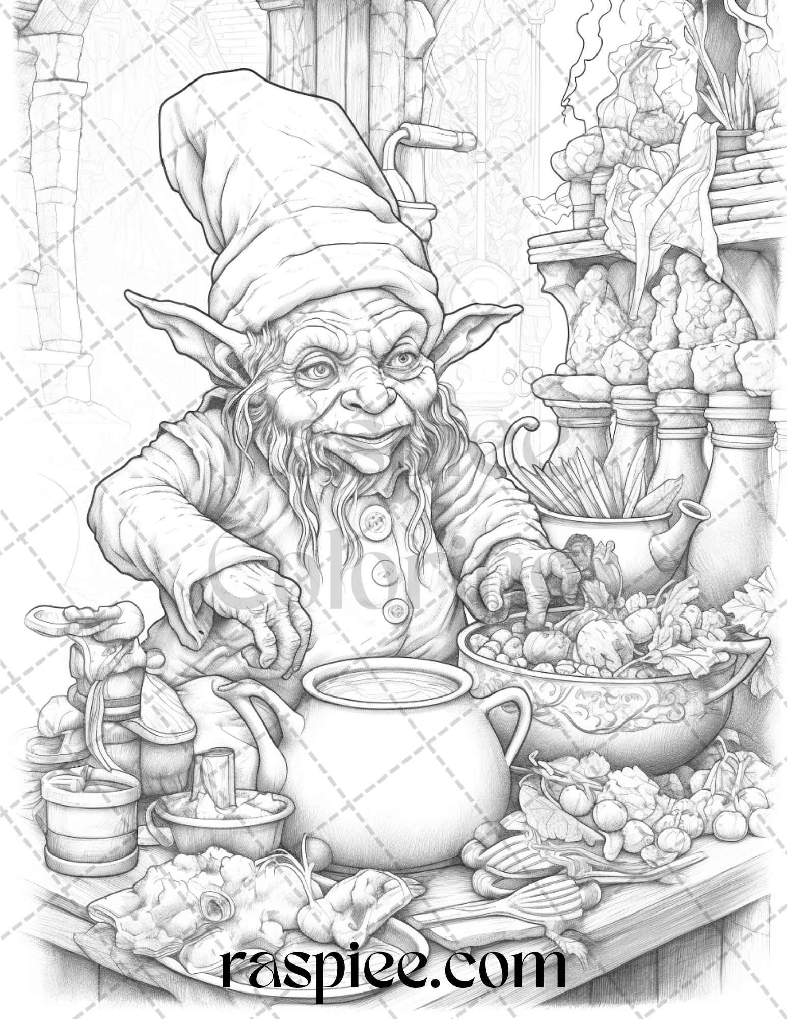 Fantasy Goblins Grayscale Coloring Pages Printable for Adults, PDF File Instant Download