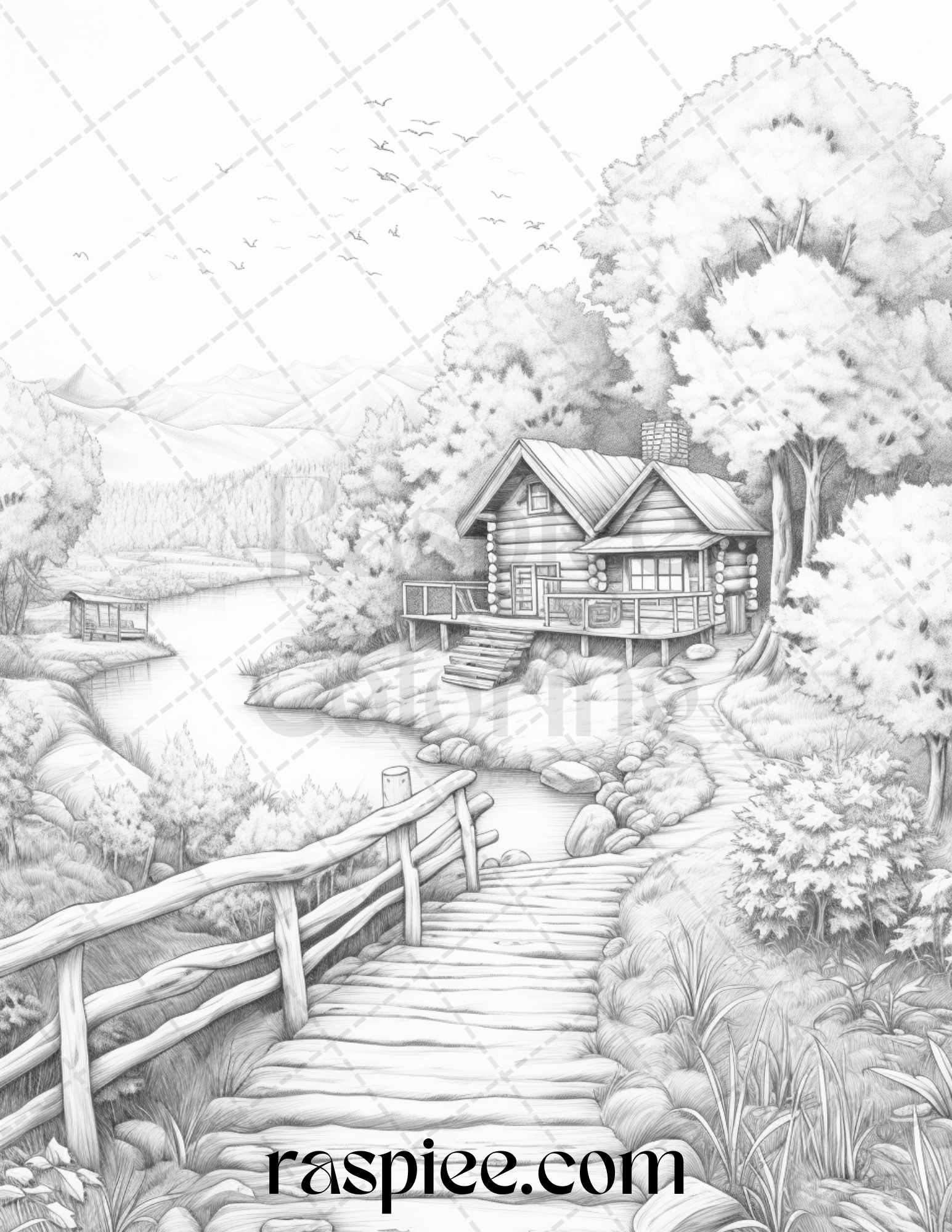 Autumn Scenery Grayscale Coloring Pages Printable for Adults, PDF File Instant Download