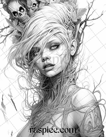 60 Halloween Zombie Fairy Grayscale Coloring Pages Printable for Adults, PDF File Instant Download