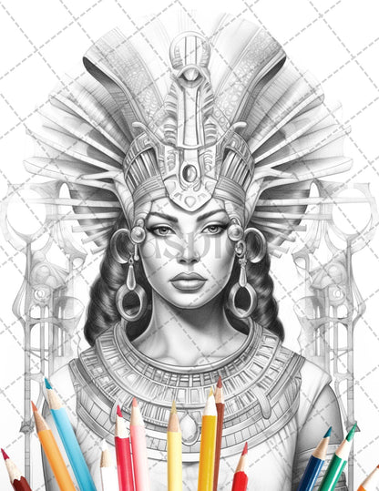 35 Ancient Egyptian Queens Coloring Book Printable for Adults, Grayscale Coloring Page, PDF File Instant Download