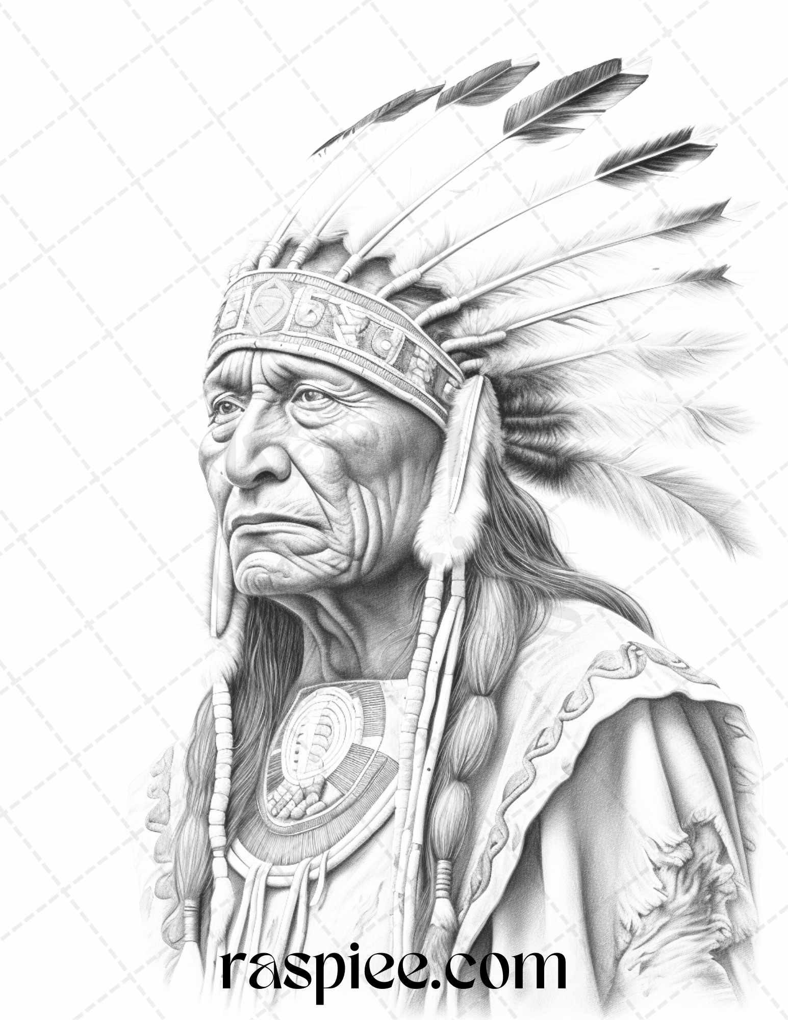 Native American Portrait Grayscale Coloring Pages Printable for Adults, PDF File Instant Download