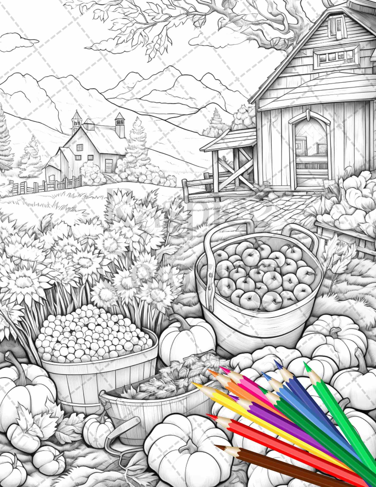 Autumn Harvest Grayscale Coloring Pages Printable for Adults, Relaxing Fall Themed Art, PDF File Instant Download