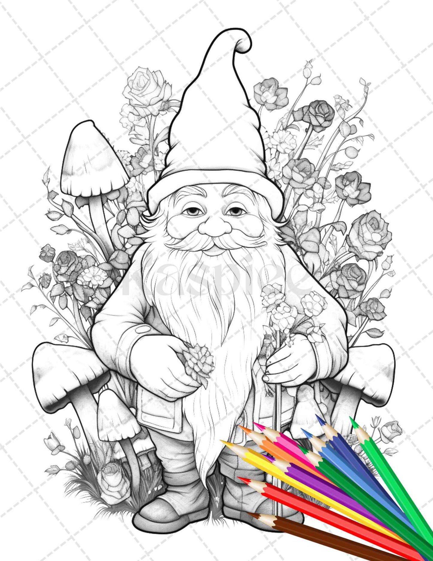 33 Gnome Love Coloring Pages Printable for Adults, Grayscale Coloring Page, PDF File Instant Download