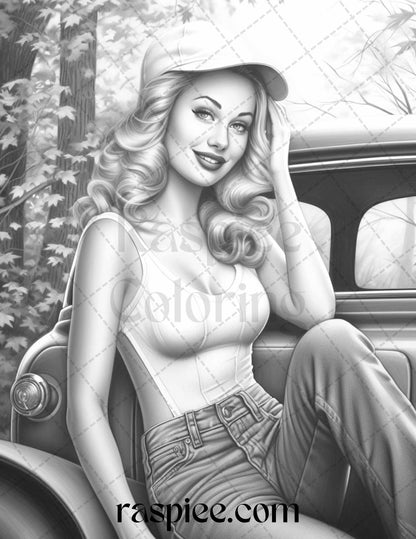 55 Autumn Pin Up Girls Grayscale Coloring Pages Printable for Adults, PDF File Instant Download