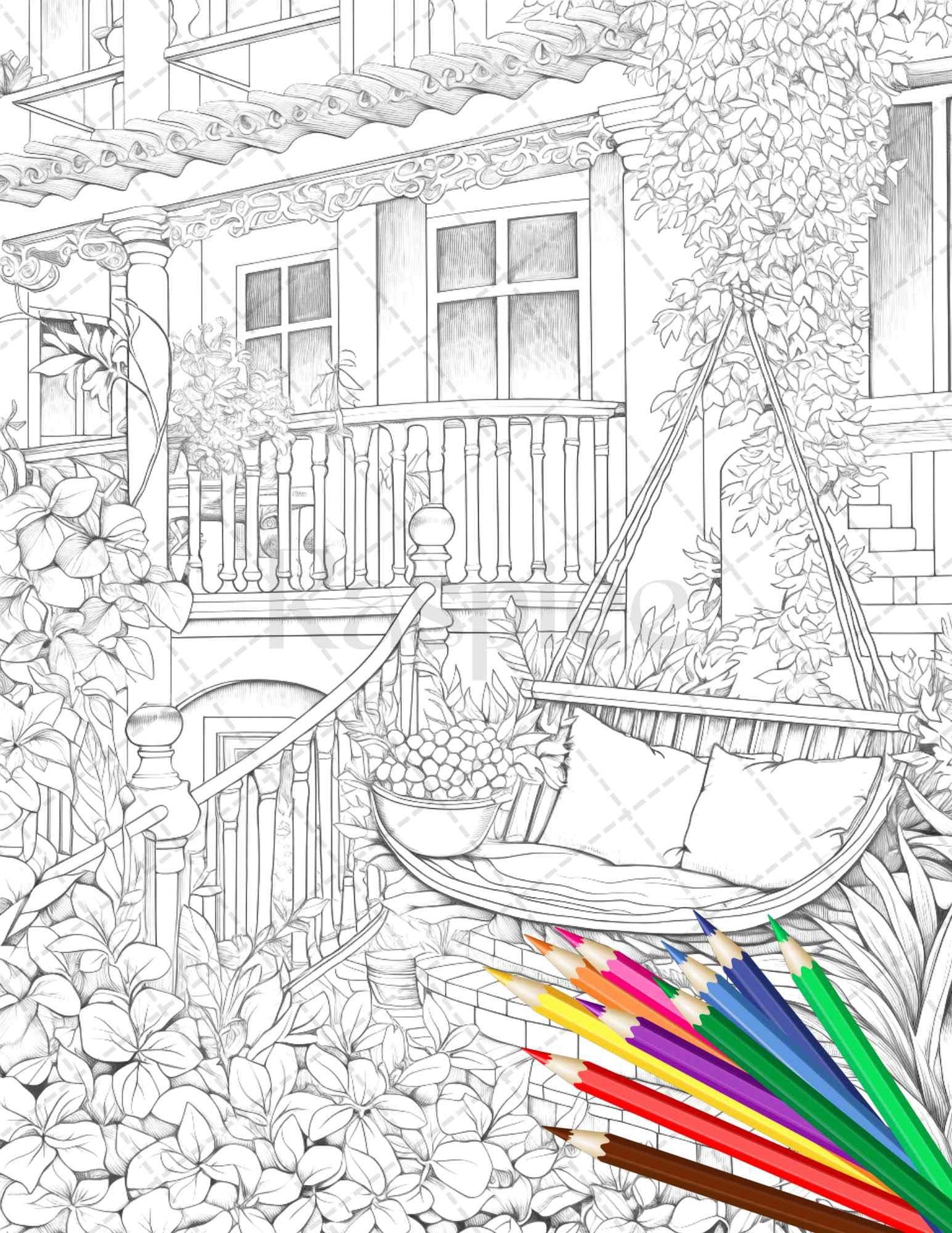 Charming Balcony Garden Grayscale Coloring Pages Printable for Adults, PDF File Instant Download