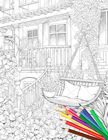 Charming Balcony Garden Grayscale Coloring Pages Printable for Adults, PDF File Instant Download