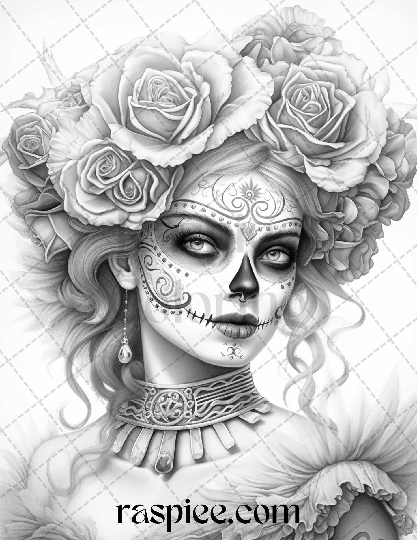 50 Day of the Dead Grayscale Coloring Pages Printable for Adults, PDF File Instant Download