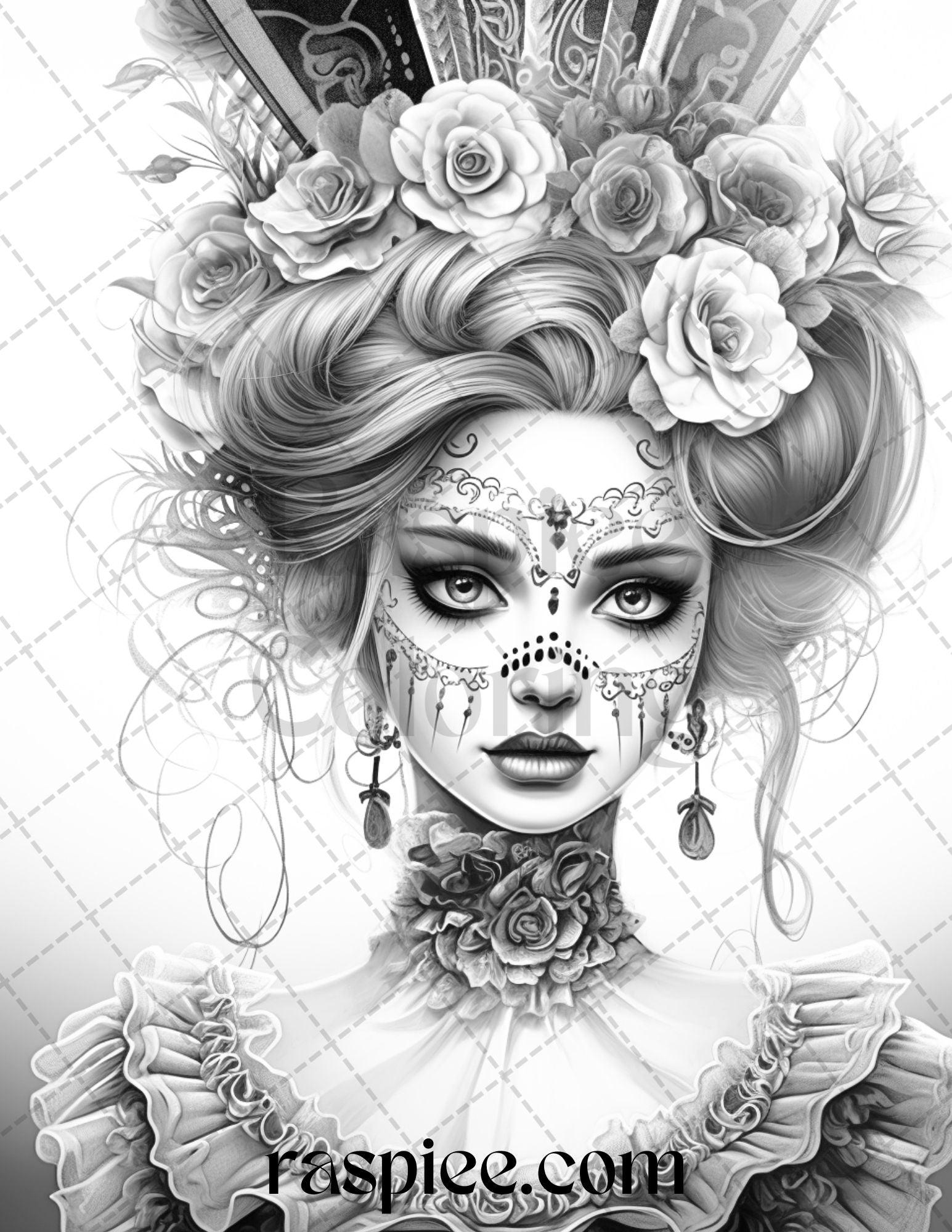 55 Halloween Girls Grayscale Coloring Pages Printable for Adults, PDF File Instant Download