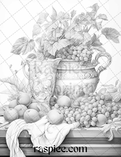 52 Still Life Grayscale Coloring Pages Printable for Adults, PDF File Instant Download