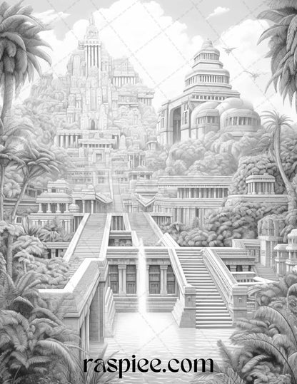 Hanging Gardens of Babylon Grayscale Coloring Pages Printable, PDF File Instant Download