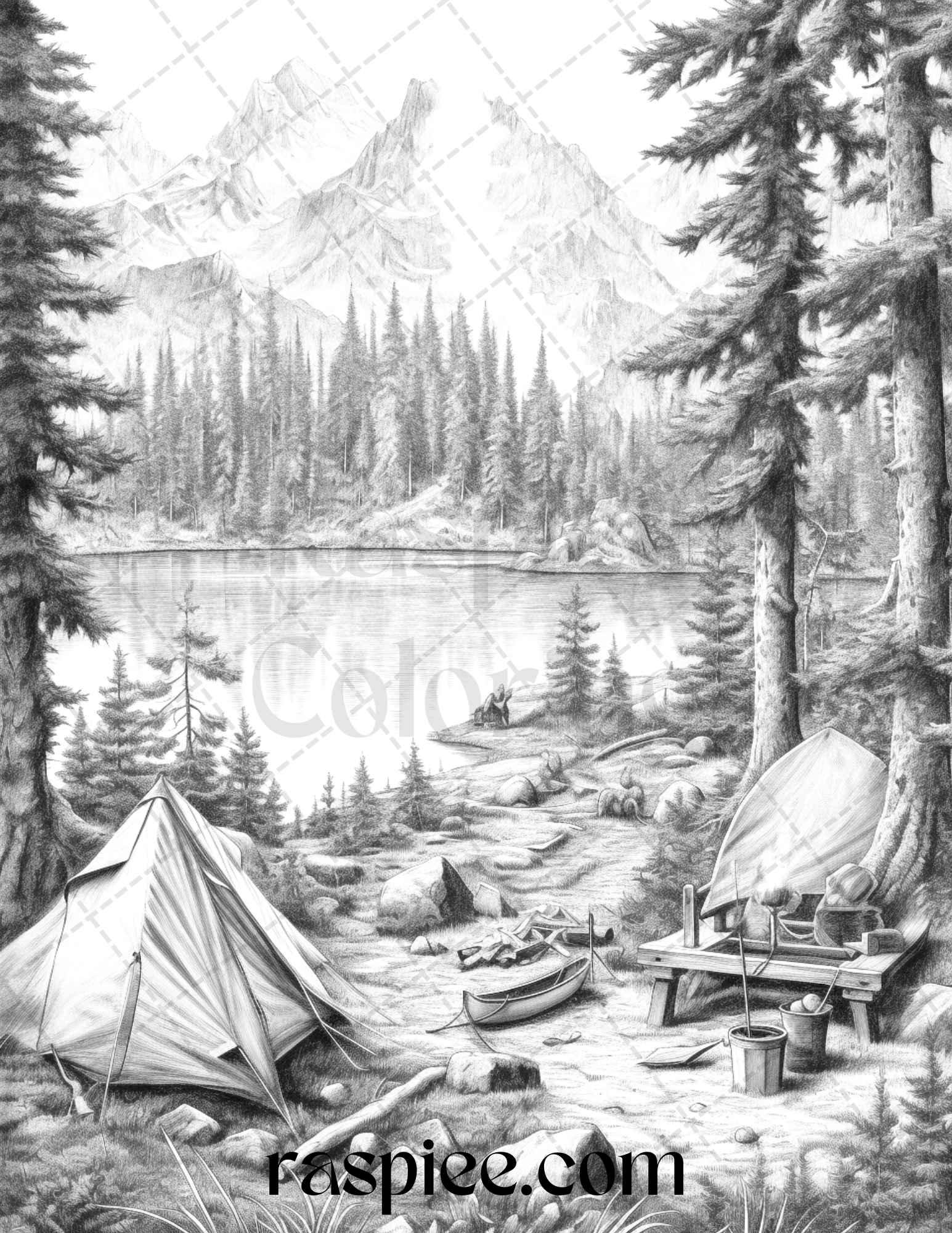 Nature Camping Grayscale Coloring Pages Printable, Relaxing Outdoor Scenes, PDF File Instant Download