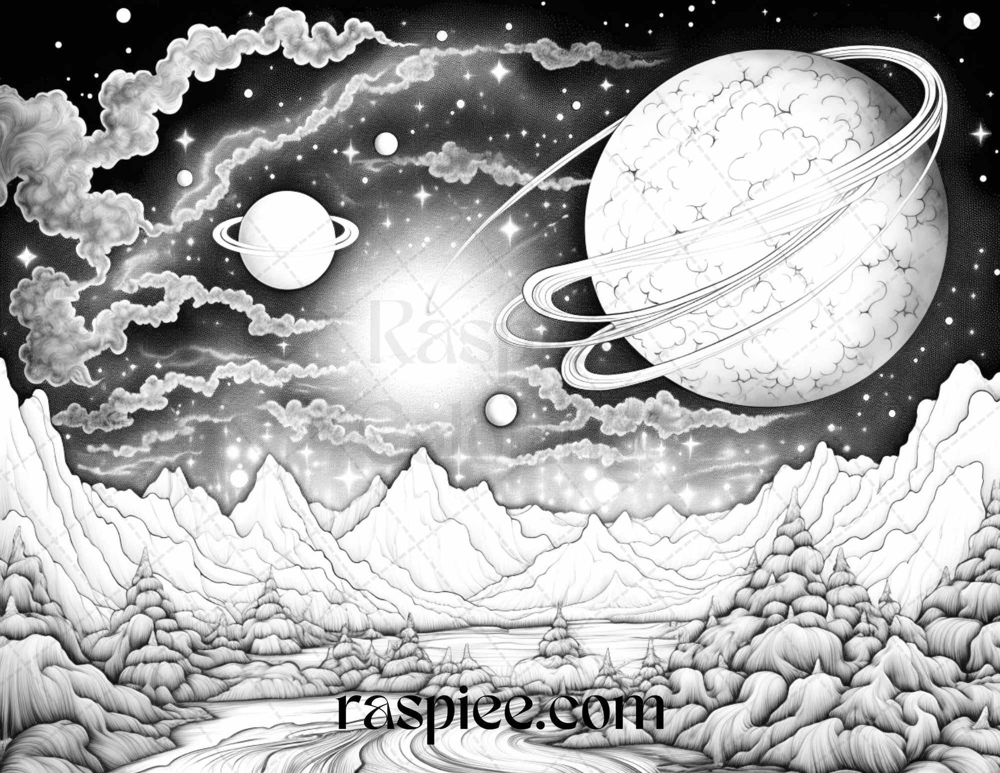 55 Celestial Landscapes Grayscale Coloring Pages Printable for Adults, PDF File Instant Download