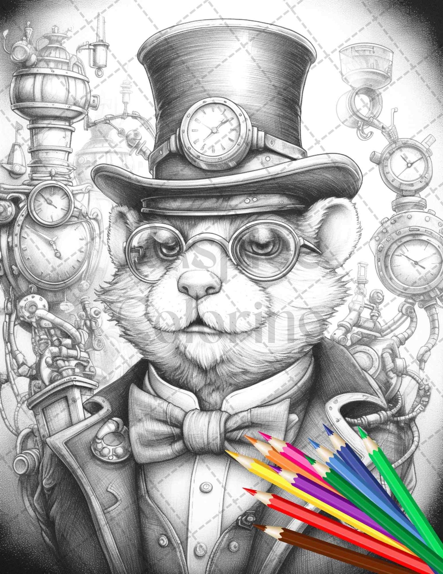 60 Steampunk Animals Grayscale Coloring Pages Printable for Adults, PDF File Instant Download
