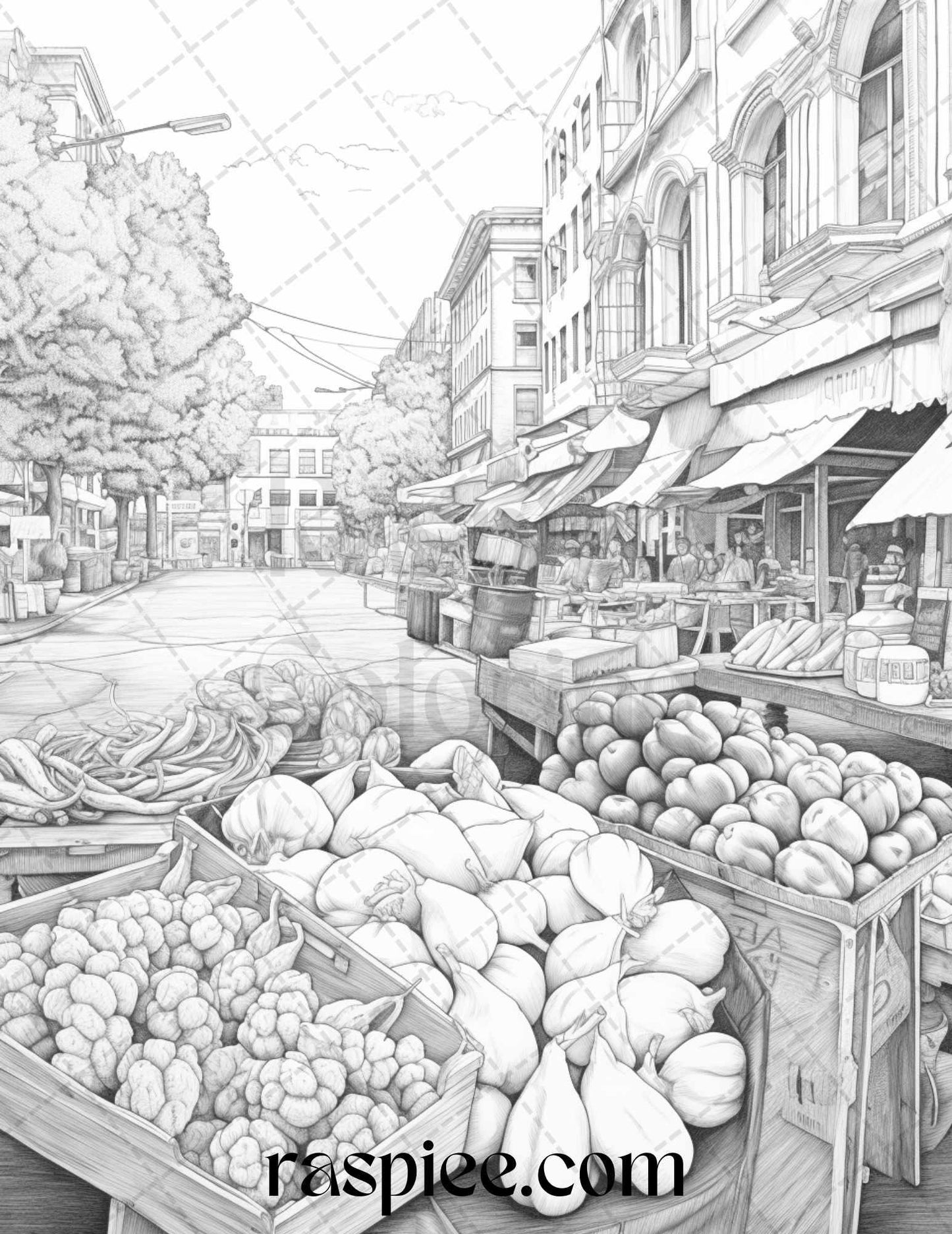 Autumn Street Markets Grayscale Coloring Pages for Adults, Printable PDF File Instant Download