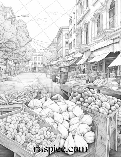 Autumn Street Markets Grayscale Coloring Pages for Adults, Printable PDF File Instant Download